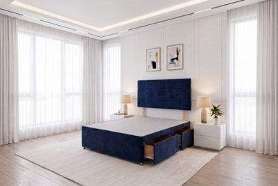 Knight Sleep York Navy Plush 4Ft Divan Bed Base With 2 Drawers & Headboard-Small Double - image 1