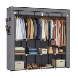Songmics Closet Organizer With Shelves, 4 Hanging Rails, Fabric Wardrobe For Bedroom, Side Pockets, Grey - thumbnail 2