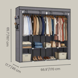 Songmics Closet Organizer With Shelves, 4 Hanging Rails, Fabric Wardrobe For Bedroom, Side Pockets, Grey - thumbnail 3