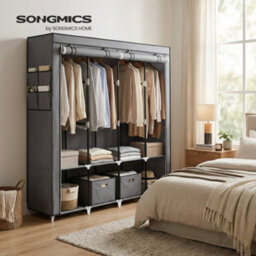 Songmics Closet Organizer With Shelves, 4 Hanging Rails, Fabric Wardrobe For Bedroom, Side Pockets, Grey - thumbnail 4