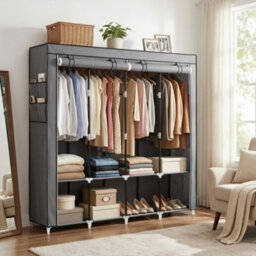 Songmics Closet Organizer With Shelves, 4 Hanging Rails, Fabric Wardrobe For Bedroom, Side Pockets, Grey - thumbnail 5