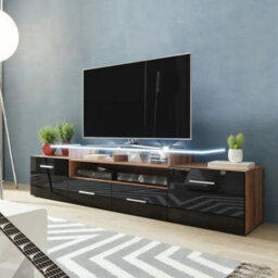 Evora Tv Cabinet 194Cm With High Gloss Fronts Modern Media Unit  Plum Black Gloss Led