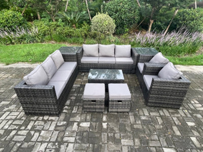 Fimous Outdoor Lounge Sofa Set Wicker Pe Rattan Garden Furniture Set With 2 Armchairs Oblong Coffee Table 2 Small Footstools - image 1