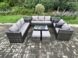 Fimous Outdoor Lounge Sofa Set Wicker Pe Rattan Garden Furniture Set With 2 Armchairs Oblong Coffee Table 2 Small Footstools - thumbnail 2