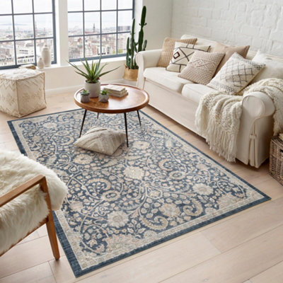 Maia Washable Low Pile Non Slip Blossom Traditional Area Rug - Navy, 120 X 180 Cm (Rectangular) - image 1