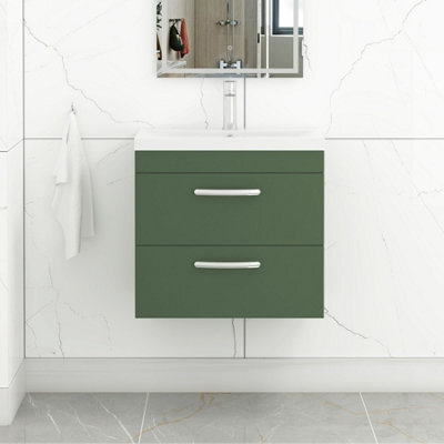 Royal Bathrooms Turin 600mm Wall Hung Vanity Unit Matt Green 2 Drawer Mid-Edge Basin - image 1