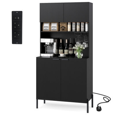 GAINOOM Gaioom Kitchen Black Pantry Cabinet 164Cm Kitchen Storage Hutch Freestanding Buffet Sideboard W/ Power Outlets & Wine Racks - image 1