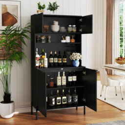 GAINOOM Gaioom Kitchen Black Pantry Cabinet 164Cm Kitchen Storage Hutch Freestanding Buffet Sideboard W/ Power Outlets & Wine Racks - thumbnail 3