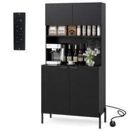 GAINOOM Gaioom Kitchen Black Pantry Cabinet 164Cm Kitchen Storage Hutch Freestanding Buffet Sideboard W/ Power Outlets & Wine Racks
