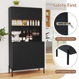 GAINOOM Gaioom Kitchen Black Pantry Cabinet 164Cm Kitchen Storage Hutch Freestanding Buffet Sideboard W/ Power Outlets & Wine Racks - thumbnail 7