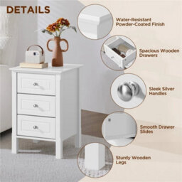 White 3-Drawer Wooden Side Table With Metal Knobs And Sturdy Structure For Bedroom - thumbnail 6