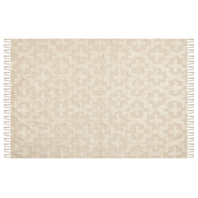 Beliani Beige Cotton Rug, 140 X 200 Cm, Hand-Tufted Low-Pile, Geometric Design - image 1