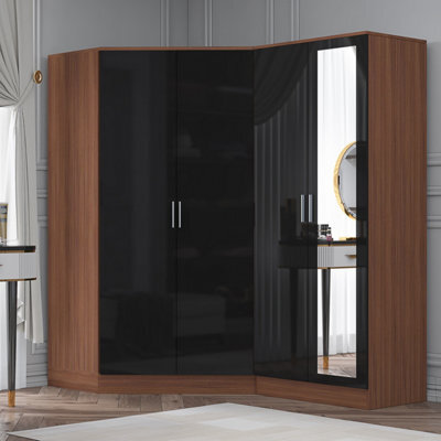 Reflect 2Pc Wardrobe Bundle - 2 Door Corner + 2 Door Mirror - Black Gloss & Walnut - H: 180Cm X W: 179Cm X D: 103Cm - image 1