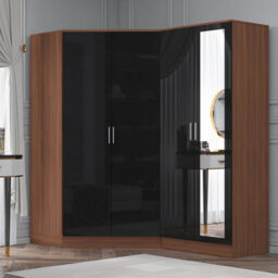 Reflect 2Pc Wardrobe Bundle - 2 Door Corner + 2 Door Mirror - Black Gloss & Walnut - H: 180Cm X W: 179Cm X D: 103Cm - thumbnail 1