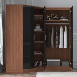 Reflect 2Pc Wardrobe Bundle - 2 Door Corner + 2 Door Mirror - Black Gloss & Walnut - H: 180Cm X W: 179Cm X D: 103Cm - thumbnail 4