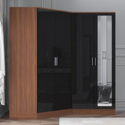 Reflect 2Pc Wardrobe Bundle - 2 Door Corner + 2 Door Mirror - Black Gloss & Walnut - H: 180Cm X W: 179Cm X D: 103Cm - thumbnail 3