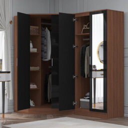 Reflect 2Pc Wardrobe Bundle - 2 Door Corner + 2 Door Mirror - Black Gloss & Walnut - H: 180Cm X W: 179Cm X D: 103Cm - thumbnail 2