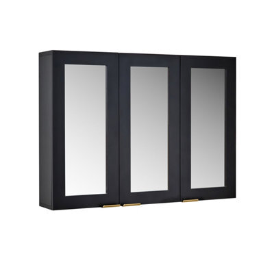 Homestylestore 900 X 650mm Black Grey Wall Mounted Mirrored Door Bathroom Cabinet And Brushed Brass Finger Pull Handles - image 1