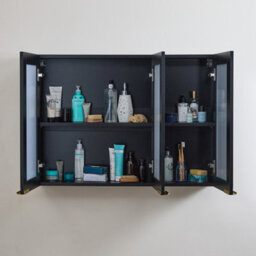 Homestylestore 900 X 650mm Black Grey Wall Mounted Mirrored Door Bathroom Cabinet And Brushed Brass Finger Pull Handles - thumbnail 2