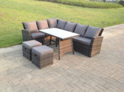 Fimous 8 Seater High Back Pe Rattan Corner Sofa Set Dining Table Outdoor Furniture Dark Grey Mixed - thumbnail 2