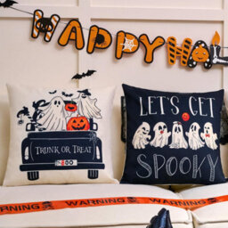 CLEFFNS 4Pcs Halloween Pillow Covers, 18X18In Cute Ghost Decor Halloween Ghost Pumpkin Prints Spooky Decor For Living Room Sofa Porch - thumbnail 5