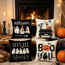 CLEFFNS 4Pcs Halloween Pillow Covers, 18X18In Cute Ghost Decor Halloween Ghost Pumpkin Prints Spooky Decor For Living Room Sofa Porch - thumbnail 1