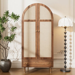 Btm Wardrobe With Fabric Doors And  Drawer, Walnut Look Clothes Cabinet With Wooden Legs For Bedroom - thumbnail 7