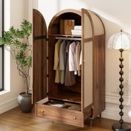 Btm Wardrobe With Fabric Doors And  Drawer, Walnut Look Clothes Cabinet With Wooden Legs For Bedroom - thumbnail 8