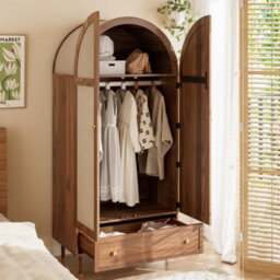 Btm Wardrobe With Fabric Doors And  Drawer, Walnut Look Clothes Cabinet With Wooden Legs For Bedroom - thumbnail 3