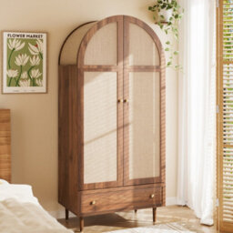 Btm Wardrobe With Fabric Doors And  Drawer, Walnut Look Clothes Cabinet With Wooden Legs For Bedroom - thumbnail 1