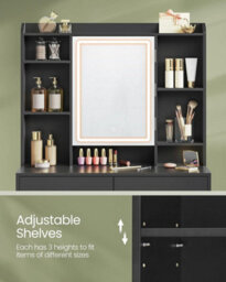 Songmics Vasagle Dressing Table With Led Lights, 3 Light Colours, Adjustable Brightness, Vanity Desk With Mirror, Modern, Ink Black - thumbnail 5