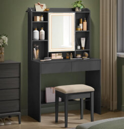 Songmics Vasagle Dressing Table With Led Lights, 3 Light Colours, Adjustable Brightness, Vanity Desk With Mirror, Modern, Ink Black