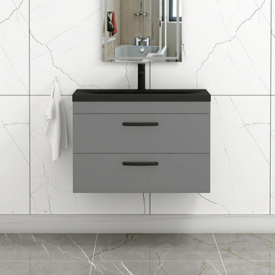 Royal Bathrooms Turin 800mm Wall Hung Vanity Unit 2 Drawer Indigo Grey Gloss With Black Basin & Handles - image 1