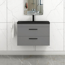 Royal Bathrooms Turin 800mm Wall Hung Vanity Unit 2 Drawer Indigo Grey Gloss With Black Basin & Handles - thumbnail 4