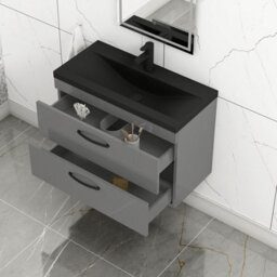 Royal Bathrooms Turin 800mm Wall Hung Vanity Unit 2 Drawer Indigo Grey Gloss With Black Basin & Handles - thumbnail 6
