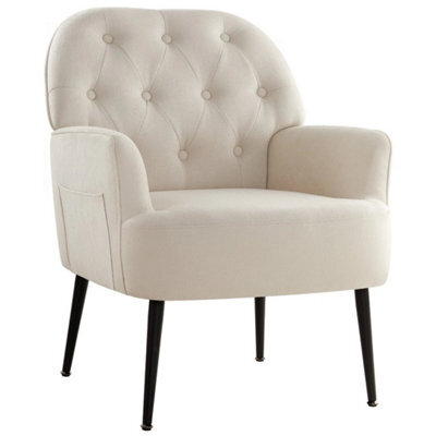 Beige Mid Century Armchair - Linen Fabric Tub Chair With Metal Legs For Living Room - image 1