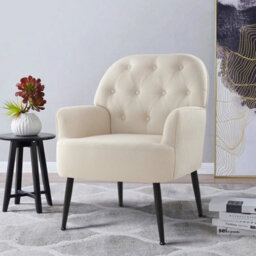 Beige Mid Century Armchair - Linen Fabric Tub Chair With Metal Legs For Living Room - thumbnail 3