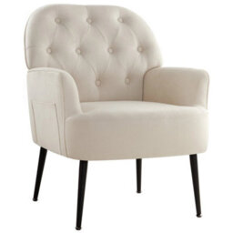 Beige Mid Century Armchair - Linen Fabric Tub Chair With Metal Legs For Living Room