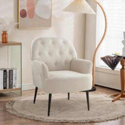 Beige Mid Century Armchair - Linen Fabric Tub Chair With Metal Legs For Living Room - thumbnail 4