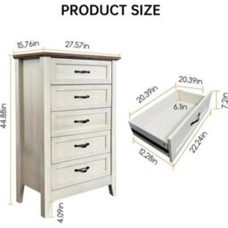 White Oak 5 Drawers Dresser For Bedroom Wood Tall Chset Of Drawer Metal Handle Living Room - thumbnail 2