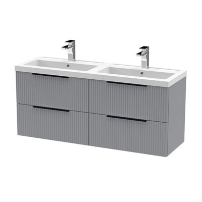 Balterley Fluted Front Wall Hung 4-Drawer Bathroom Vanity Unit With Double Basin, 1200mm, Satin Grey, Black Handles - image 1