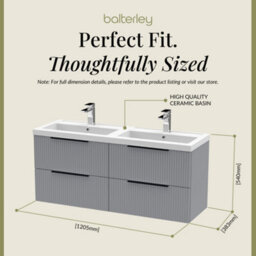 Balterley Fluted Front Wall Hung 4-Drawer Bathroom Vanity Unit With Double Basin, 1200mm, Satin Grey, Black Handles - thumbnail 5