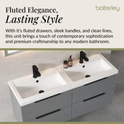 Balterley Fluted Front Wall Hung 4-Drawer Bathroom Vanity Unit With Double Basin, 1200mm, Satin Grey, Black Handles - thumbnail 4
