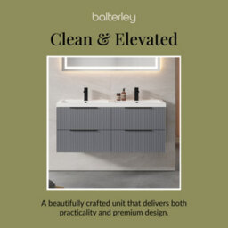 Balterley Fluted Front Wall Hung 4-Drawer Bathroom Vanity Unit With Double Basin, 1200mm, Satin Grey, Black Handles - thumbnail 7