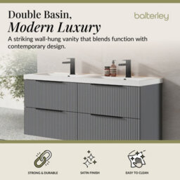 Balterley Fluted Front Wall Hung 4-Drawer Bathroom Vanity Unit With Double Basin, 1200mm, Satin Grey, Black Handles - thumbnail 2