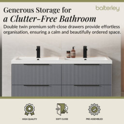 Balterley Fluted Front Wall Hung 4-Drawer Bathroom Vanity Unit With Double Basin, 1200mm, Satin Grey, Black Handles - thumbnail 3