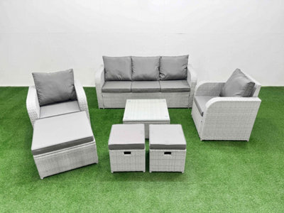 Fimous Pe Rattan Garden Furniture Set Reclining Chair Sofa Lounge Sofa Set Square Coffee Table 3 Stools Light Grey - image 1