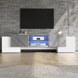 Matteo Modern Tv Stand Cabinet With Led Lights, 4 Doors & Adjustable Shelves, White & Grey, 180X40X46.5Cm - Fits Up To 80 Inch Tvs - thumbnail 5