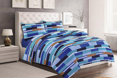 Homes & Linen Max Blocks Blue Reversible Printed Easy Care Duvet Cover Bedding Set