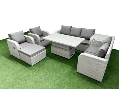 Fimous Pe Rattan Garden Furniture Set Reclining Chair Sofa Set Adjustable Lifting Dining Or Coffee Table Big Footstool Side Table - image 1